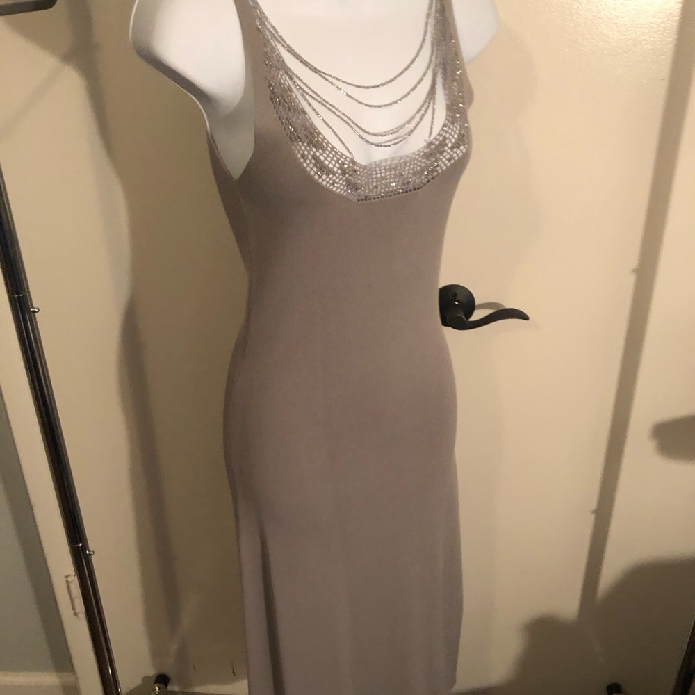 BCBG grey knit dress with beautiful silver beading
